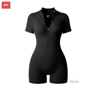 Large Ribbed Zip Front Romper Tummy Control Stretch Yoga Workout Short Sleeve